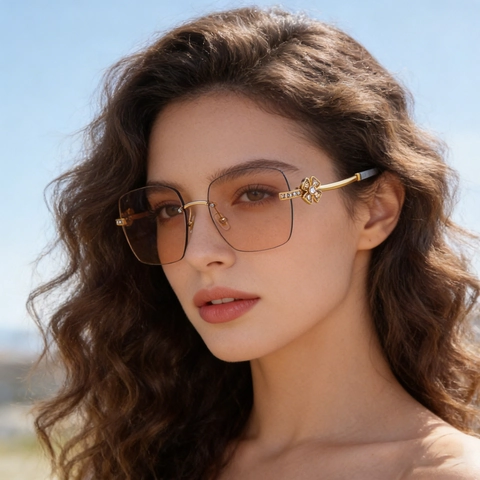 Frameless Square Sunglasses Women Fashion PC Gradient Lens UV400 Rhinestone Clover Decor High-End Eyewear Elegant