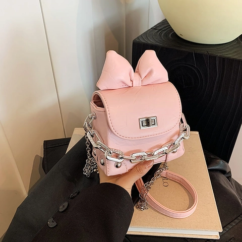 Mini Sac Bandoulière Femmes Doux Grand Nœud Cuir PU Texture Plissée Chaîne Argentée Sac À Main Petit Sac Carré
