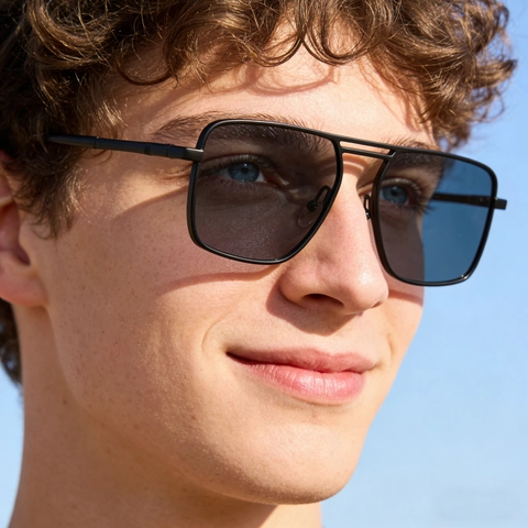 Retro Square Sunglasses For Men Metal Frame PC Lens Double Bridge UV400 Protection Fashion Driving Eyewear