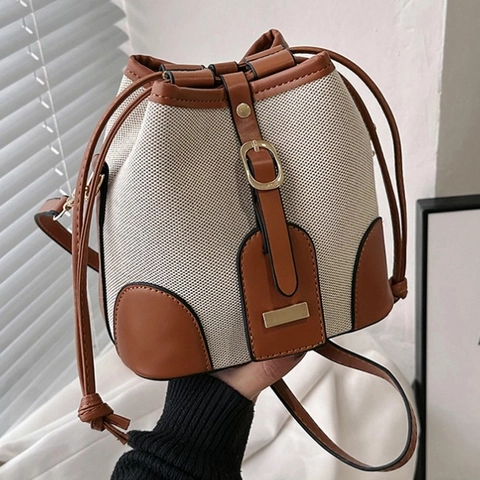 Borsa Secchiello Retrò Tela PU Pelle Cuciture Coulisse Borsa Tracolla Donne Minimalista Casual Colore Contrasto