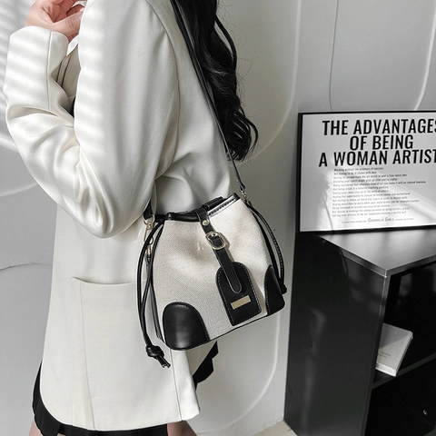 Borsa Secchiello Retrò Tela PU Pelle Cuciture Coulisse Borsa Tracolla Donne Minimalista Casual Colore Contrasto