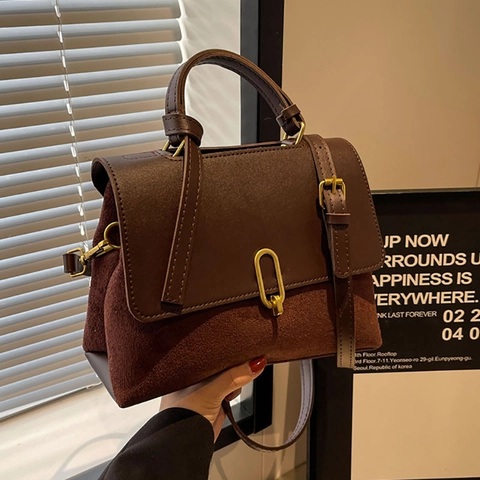 Vintage Women Shoulder Bag PU Leather Suede Patchwork Retro Crossbody Handbag With Gold Buckle Top Handle Commuter Style
