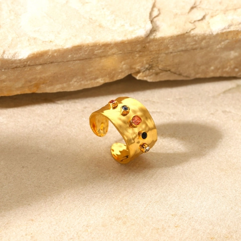 Gehämmerter Edelstahl Ring Bunte Zirkonia Retro Boho Stil Verstellbar Offen Manschette Schmuck Für Damen