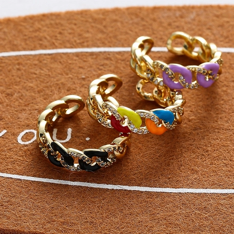 Cuban Chain Shape Verstellbarer Ring Edelstahl Vergoldet Bunte Emaille Zirkon Personalisiertes Modeaccessoire