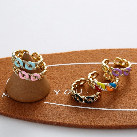 Cuban Chain Shape Verstellbarer Ring Edelstahl Vergoldet Bunte Emaille Zirkon Personalisiertes Modeaccessoire