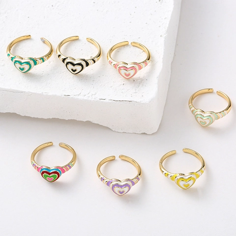 Heart Enamel Ring Stainless Steel Adjustable Open Colorful Drip Oil Y2K Aesthetic Fashion Jewelry Women