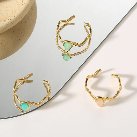 Französischer Vintage Edelstahl Offener Ring Vergoldet Tropfen Bunter Edelstein Wellenband Für Damen Verstellbar Schmuck