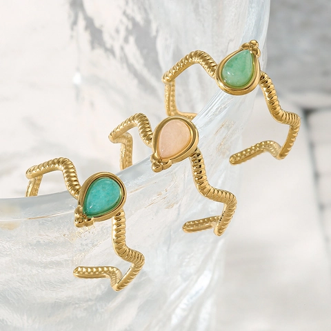 Französischer Vintage Edelstahl Offener Ring Vergoldet Tropfen Bunter Edelstein Wellenband Für Damen Verstellbar Schmuck