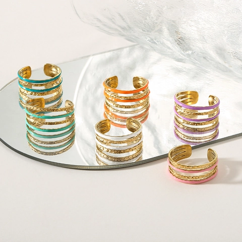 Anello In Acciaio Inossidabile Cavo Multistrato Texture Martellata Smalto Colorato Fascia Aperta Regolabile Per Donna