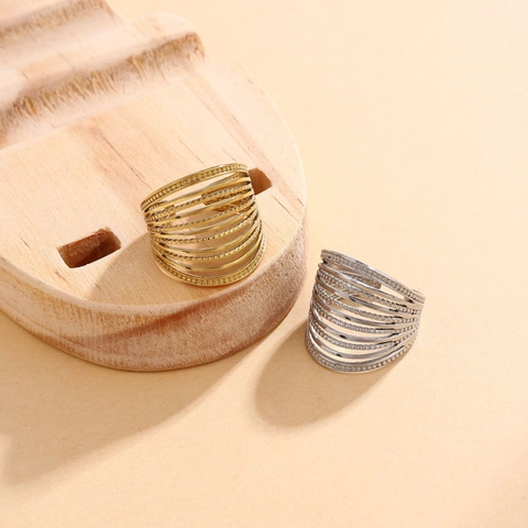 Anillo Multistrato In Acciaio Inossidabile Fascia Larga Design A Strisce Regolabile Aperto Gioielli Geometrici Moderni