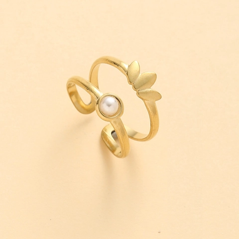 Anillo Abierto Doble Capa Acero Inoxidable Dorado Perla Artificial Imitación Corona Tres Hojas Joyería Moda Ajustable Mujeres