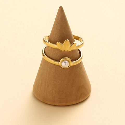 Anillo Abierto Doble Capa Acero Inoxidable Dorado Perla Artificial Imitación Corona Tres Hojas Joyería Moda Ajustable Mujeres