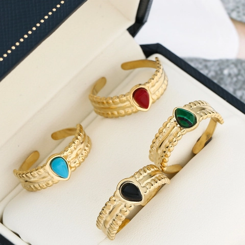 Bague Goutte Deau Acier Inoxydable Ajustable Ouverte Minimaliste Bohème Bijou Texturé Pour Femmes