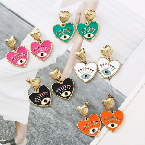 Boho Herz Evil Eye Hängeohrringe Für Damen Edelstahl Emaille Strass Vintage Übertriebener Schmuck