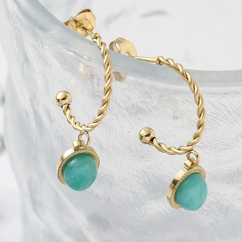 Franse Gedraaide Touw Hoop Oorbellen Met Natuursteen Ovalen Hangers Roestvrij Staal Vintage Luxe Sieraden Voor Dames