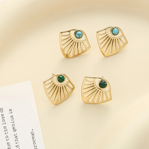 Vintage Fan Shaped Hollow Stud Earrings Stainless Steel With Natural Stone Turquoise Malachite Geometric For Women