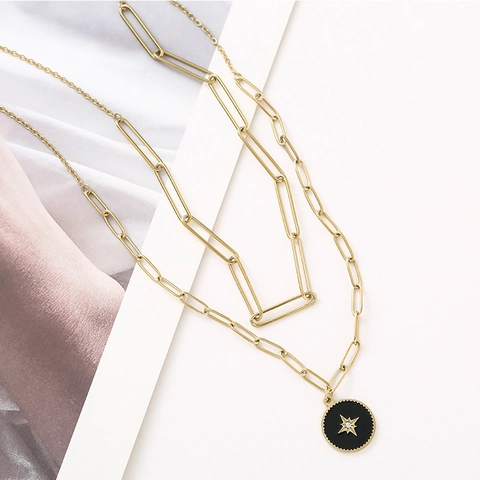 Collar con Colgante de Estrella de Doble Capa de Acero Inoxidable Oro Esmalte Negro Strass Cadena de Clip para Mujer