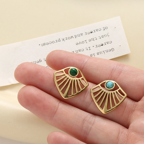 Vintage Fan Shaped Hollow Stud Earrings Stainless Steel With Natural Stone Turquoise Malachite Geometric For Women