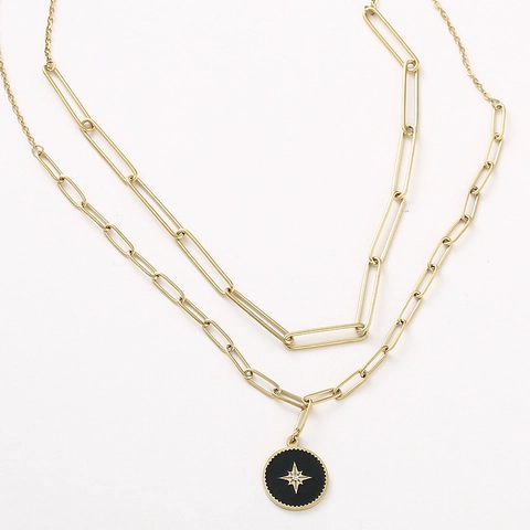 Collar con Colgante de Estrella de Doble Capa de Acero Inoxidable Oro Esmalte Negro Strass Cadena de Clip para Mujer