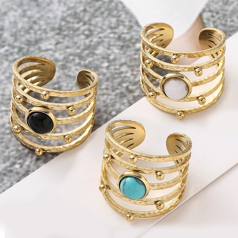 Bohemian Meerlaagse Roestvrijstalen Ring Met Natuursteen Inleg Verstelbare Open Band Vintage Gehamerde Stijl Sieraden