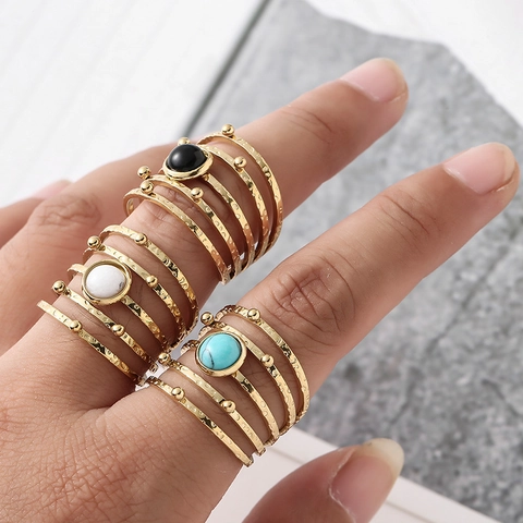 Bohemian Meerlaagse Roestvrijstalen Ring Met Natuursteen Inleg Verstelbare Open Band Vintage Gehamerde Stijl Sieraden