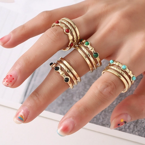 Triple Layer Open Ring Stainless Steel Gold Plated Colorful Gemstone Geometric Adjustable Finger Jewelry For Women Boho