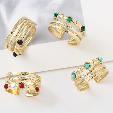 Triple Layer Open Ring Stainless Steel Gold Plated Colorful Gemstone Geometric Adjustable Finger Jewelry For Women Boho
