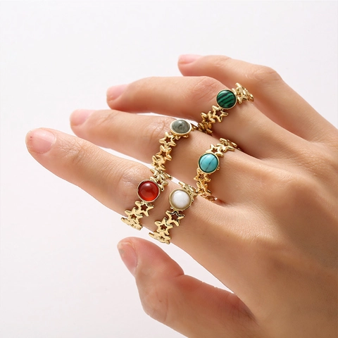 Anillo Aperto Stella Acciaio Inossidabile Pentagramma Traforato Pietra Naturale Gioielli Dita Regolabile Stile Bohémien Donna