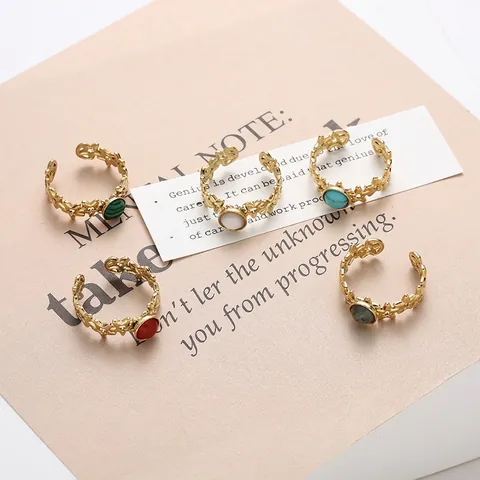 Anillo Aperto Stella Acciaio Inossidabile Pentagramma Traforato Pietra Naturale Gioielli Dita Regolabile Stile Bohémien Donna