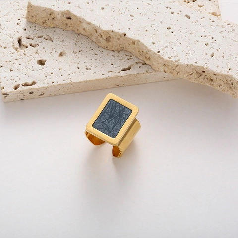 Anello Fascia Larga Regolabile Placcato Oro Acciaio Inox Rettangolare Geometrico Intarsio Marmo Gioielli Per Uomo Donna