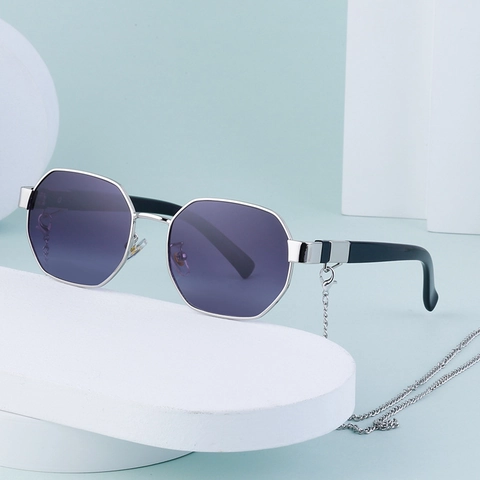Octagonal Polygon Sunglasses Metal Frame UV400 Gradient Lenses With Detachable Chain Vintage Fashion Eyewear For Women