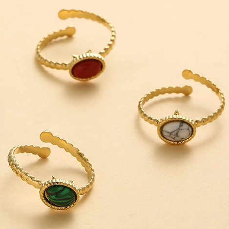 Oval Natural Stone Ring Stainless Steel Gold Plated Adjustable Open Finger Jewelry Bohemian Vintage Style Women
