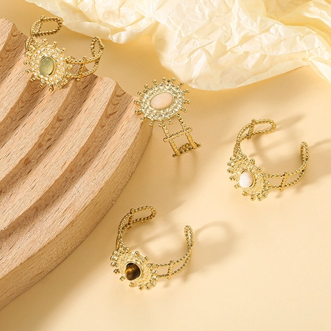 Bohemian Sonnenblume Offener Ring Edelstahl Vergoldet Mit Ovalem Naturstein Verstellbarer Vintage Schmuck Für Damen