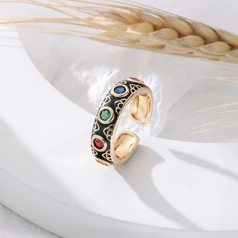 Vintage Copper Open Ring Colorful Enamel Heart Pattern Inlaid Cubic Zirconia Adjustable Jewelry For Women