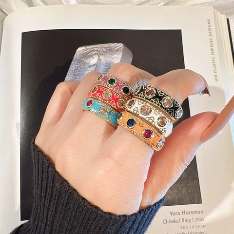 Vintage Copper Open Ring Colorful Enamel Heart Pattern Inlaid Cubic Zirconia Adjustable Jewelry For Women