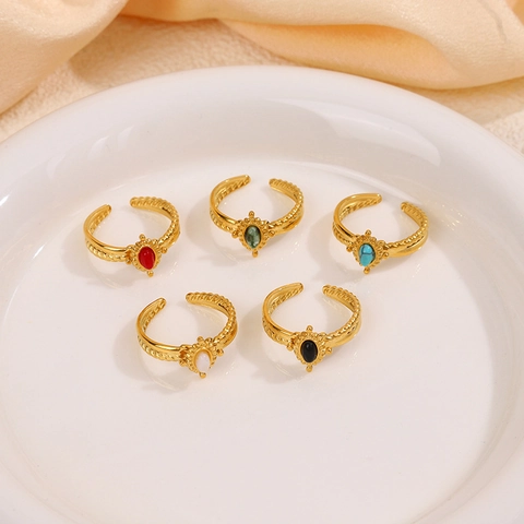 Vintage Oval Stone Ring Stainless Steel Gold Plated Adjustable Open Finger Jewelry Bohemian Style For Women Elegant