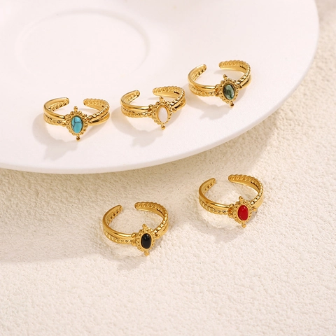Vintage Oval Stone Ring Stainless Steel Gold Plated Adjustable Open Finger Jewelry Bohemian Style For Women Elegant