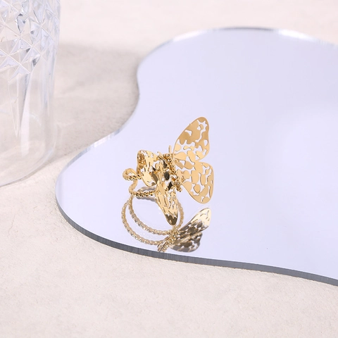 Butterfly Ring Hollow Filigree Stainless Steel Gold Plated Adjustable Exaggerated Elegant Jewelry For Women