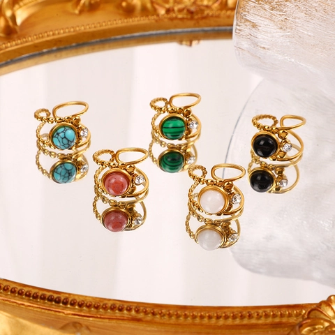 Offener Vintage Edelstahlring Mit Naturstein Für Damen Doppelstöckig Hohl Geometrisch Strass Verstellbarer Schmuck