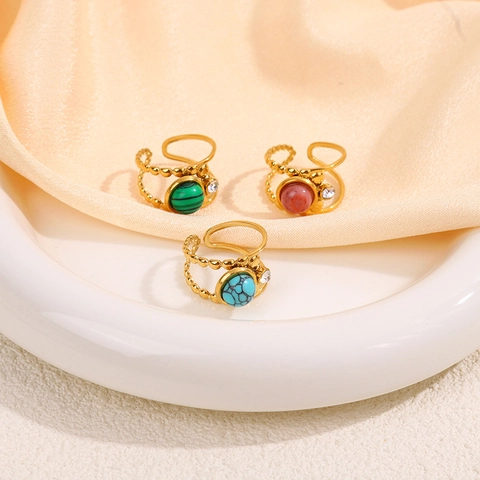 Offener Vintage Edelstahlring Mit Naturstein Für Damen Doppelstöckig Hohl Geometrisch Strass Verstellbarer Schmuck