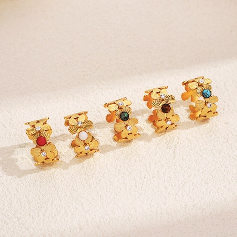 Geometric Flower Open Rings Stainless Steel 18K Gold Plated Colorful Stone Rhinestone Adjustable Bohemian Jewelry Women