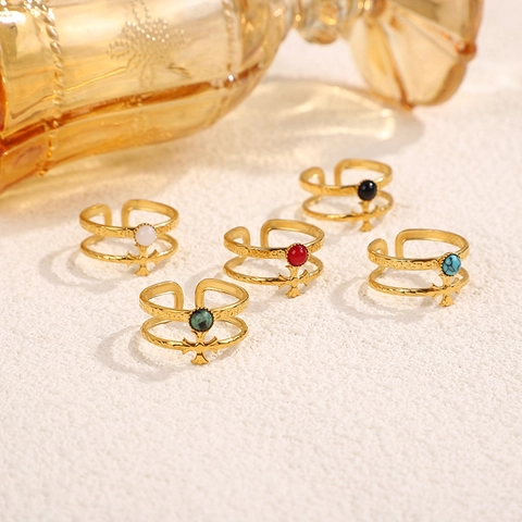 Vintage Cross Ring Stainless Steel 18K Gold Plated Double Layer Open Adjustable Bohemian Palace Style Jewelry For Women