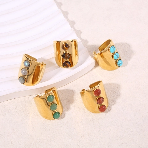 Stainless Steel Wide Open Ring Mit Drei Natursteinen Vintage Gold Verstellbar Boho Ethnisch Schmuck Für Damen