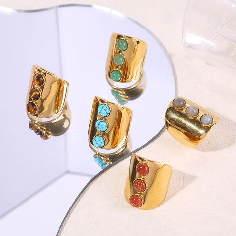 Stainless Steel Wide Open Ring Mit Drei Natursteinen Vintage Gold Verstellbar Boho Ethnisch Schmuck Für Damen