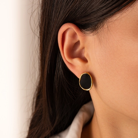 Geometric Irregular Stud Earrings Gold Plated Stainless Steel With Enamel And Shell Inlay French Style Elegant Women