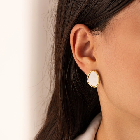 Geometric Irregular Stud Earrings Gold Plated Stainless Steel With Enamel And Shell Inlay French Style Elegant Women