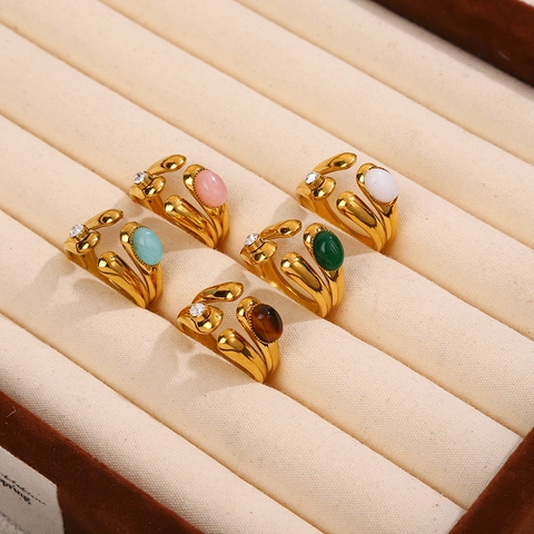 Retro Geometric Stainless Steel Open Rings For Women Natural Stone Inlaid Zircon Adjustable French Vintage Style