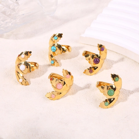 Leaf Adjustable Open Ring Titanium Steel Synthetic Stone Dimensional Plant Design Retro Light Luxury Jewelry For Women