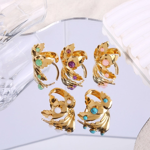 Leaf Adjustable Open Ring Titanium Steel Synthetic Stone Dimensional Plant Design Retro Light Luxury Jewelry For Women