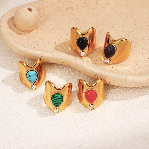 Teardrop Natural Stone Ring Stainless Steel V-Shape Wide Band Adjustable Retro Bohemian Jewelry Women